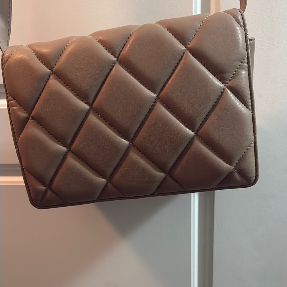 Tan Quilted Crossbody Bag with Chain Strap - Picture 2 of 3